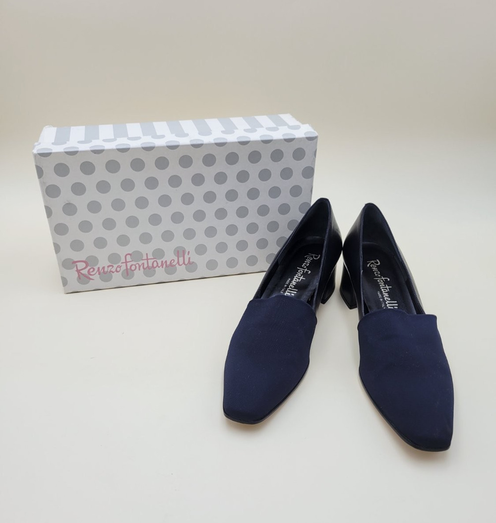 Renzo Fontanelli Bene Heels 10 Aaaa Navy Leather Fabric Vintage 1018